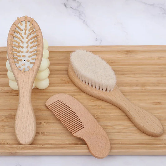 Baby Wooden Natural Wool Brush, Comb, and Head Massager