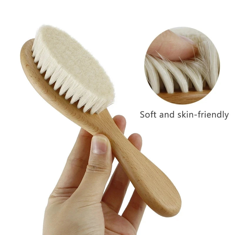 Baby Wooden Natural Wool Brush, Comb, and Head Massager