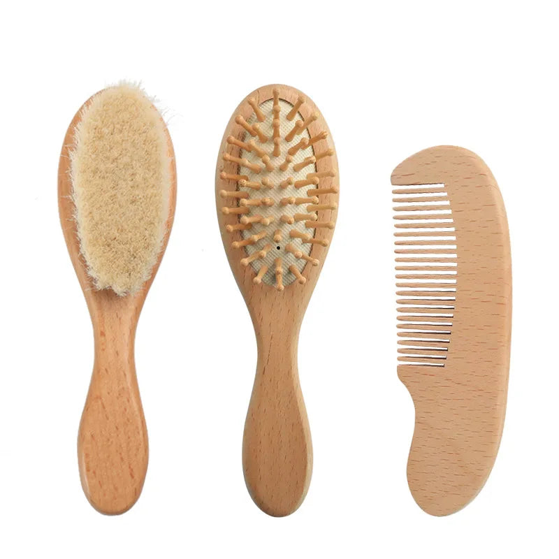 Baby Wooden Natural Wool Brush, Comb, and Head Massager
