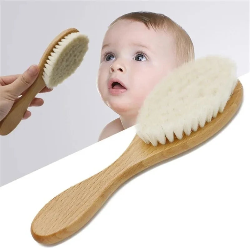 Baby Wooden Natural Wool Brush, Comb, and Head Massager