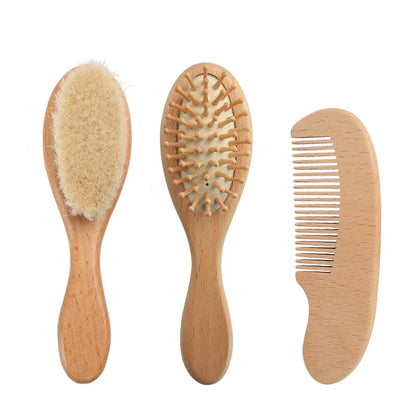Baby Wooden Natural Wool Brush, Comb, and  Head Massager